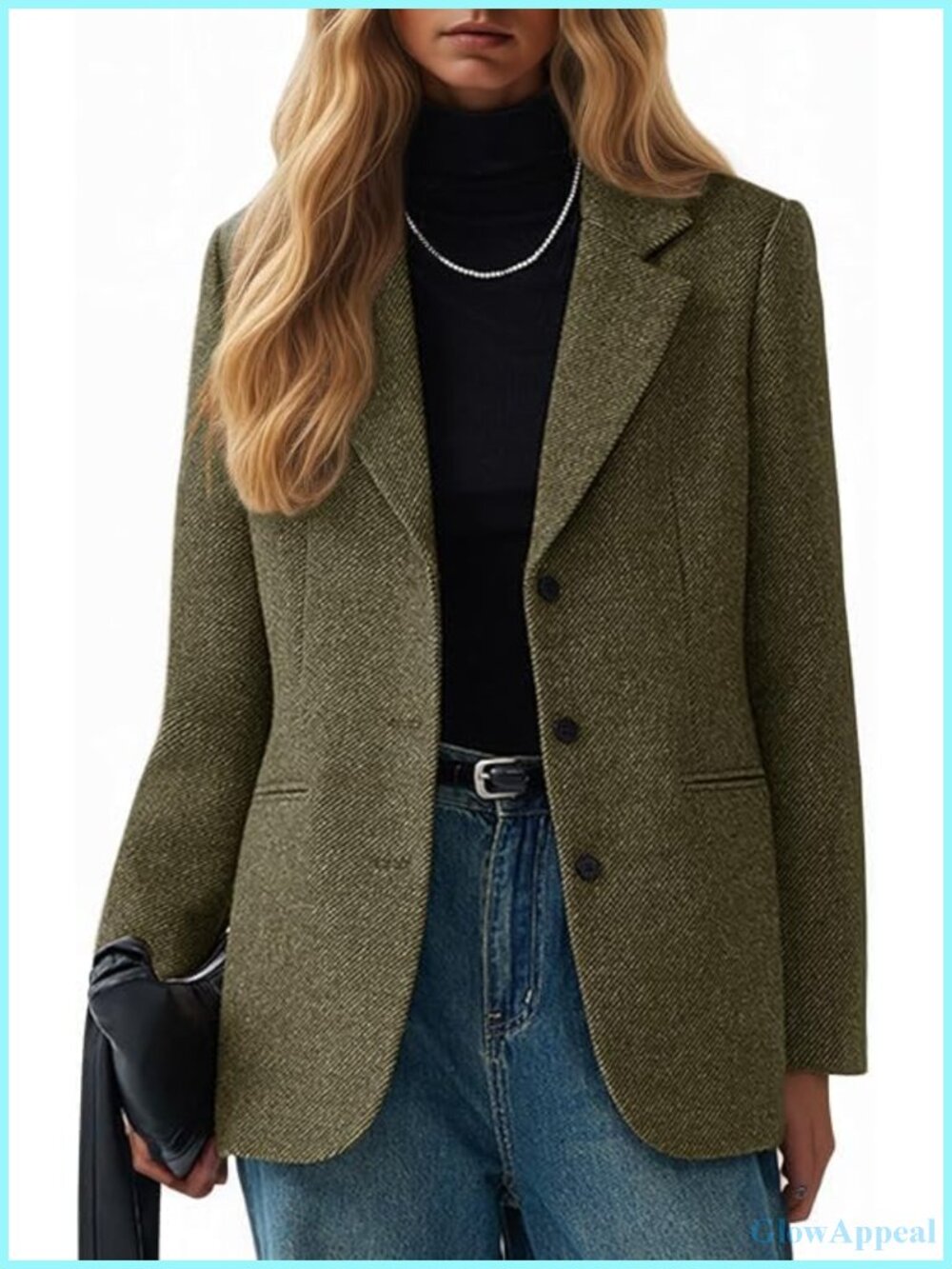 Wool Blend Tweed Herringbone Blazer Notch Collar Business Casual